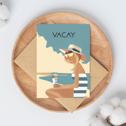Postcard with the text "VACAY" and an illustration of a person in a striped swimsuit and hat, holding a drink, on a beach.