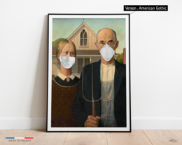 Masked American Gothic poster featuring two figures in a classic painting style, wearing face masks.