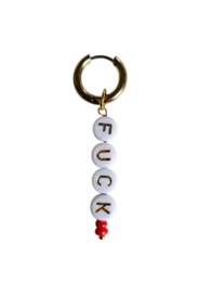  Hoop earrings with the word "Fuck" written on them, featuring a metal hoop and dangling beads in red and white.