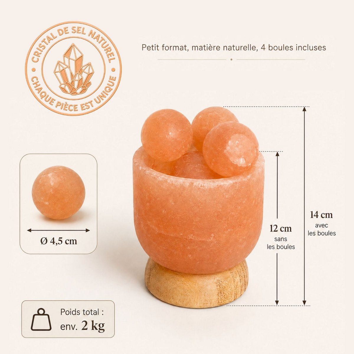 Himalayan Salt Crystal Lamp – 4 massage balls 2Kg – Natural Material – Gift and Decoration Idea