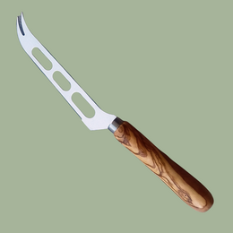 Olive wood handle slicing cheese knife with white blade, natural wood material, curved design