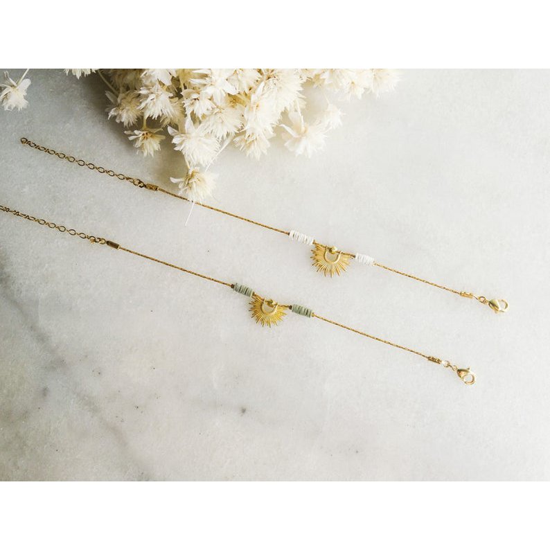 Pulsera Litha, sol caqui, oro, oro mate y lentejuelas