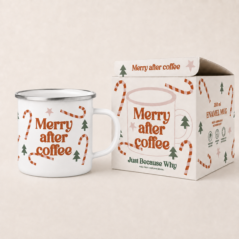 Weihnachtliche Emaille-Tasse. Fröhlich nach dem Kaffee