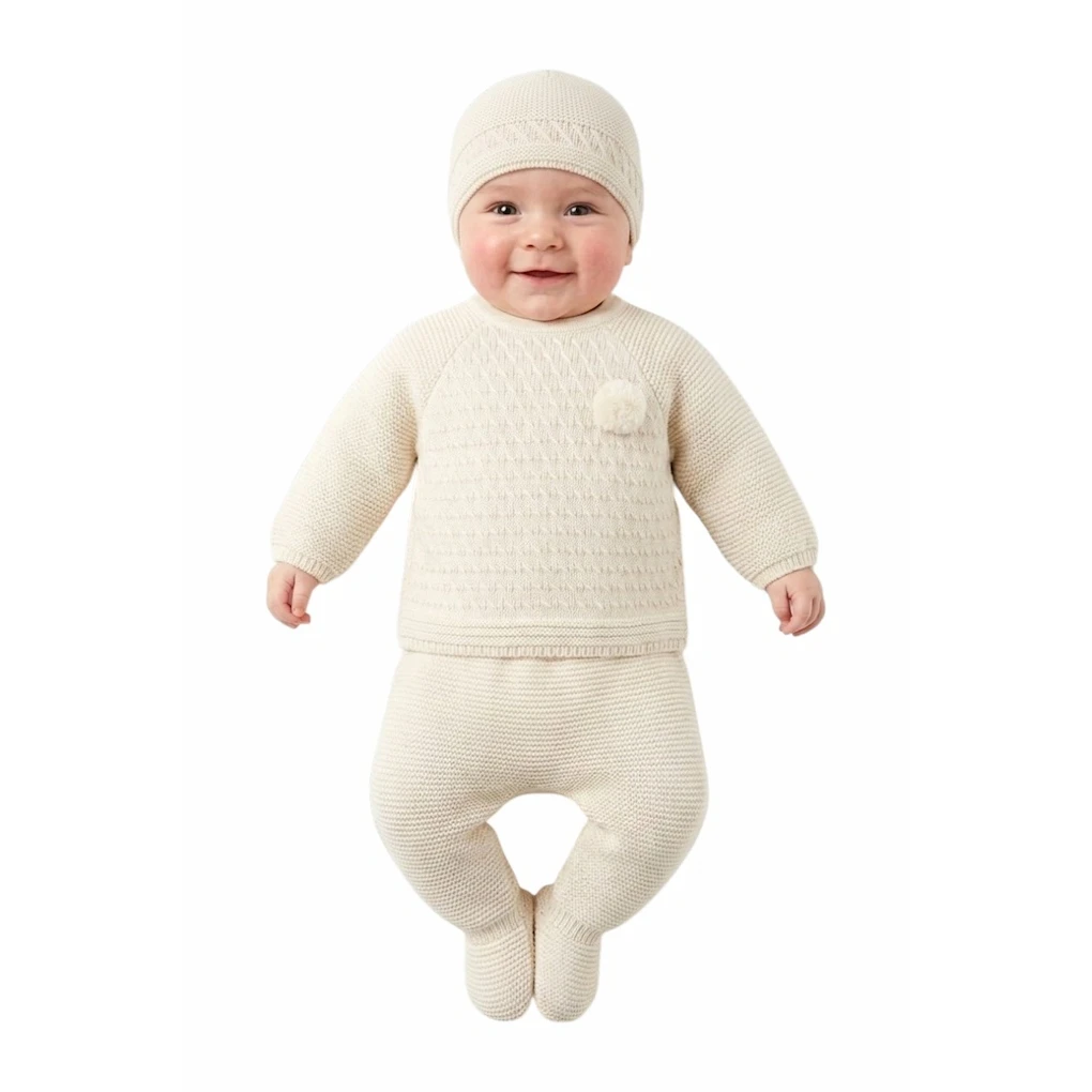 Conjunto Bebé 3 Piezas Punto Textura Crudo con Pompón