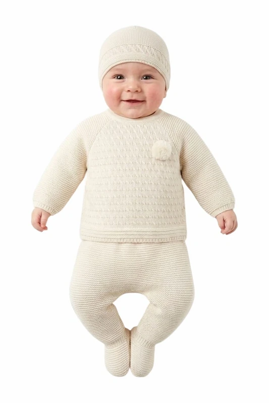 Conjunto Bebé 3 Piezas Punto Textura Crudo con Pompón