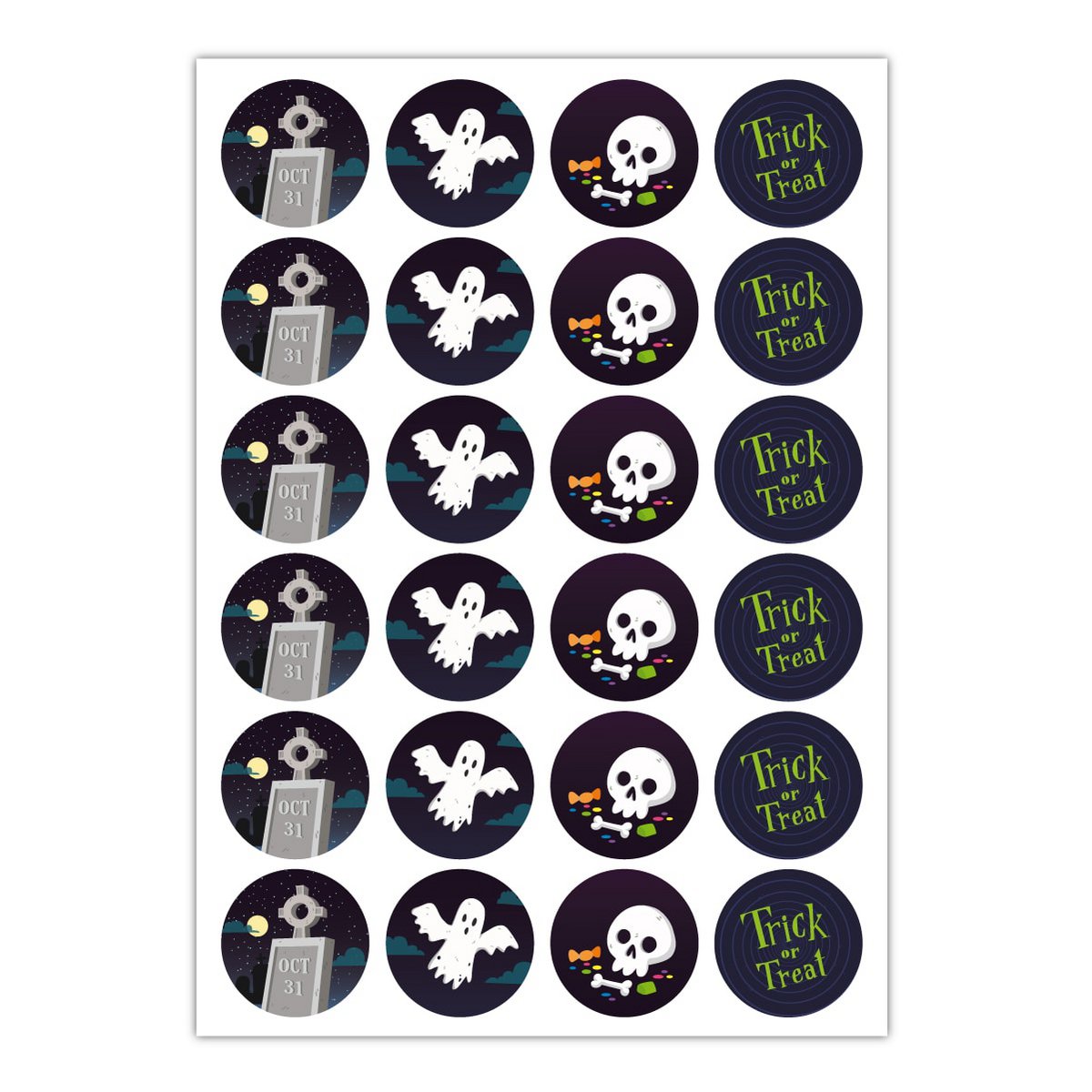 24 cool Halloween stickers to scare you with ghost and skull: Trick or Treat, blue, MATTE paper stickers also (ø 45mm; 4 motifs)