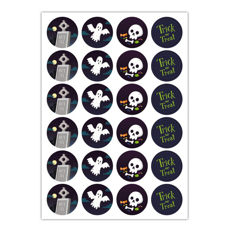 24 cool Halloween stickers to scare you with ghost and skull: Trick or Treat, blue, MATTE paper stickers also (ø 45mm; 4 motifs)