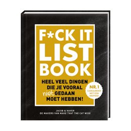 A black notebook with the text "F*CK IT LIST BOOK" in bold yellow letters. The notebook appears to be a journal or planner with inspirational or humorous content.