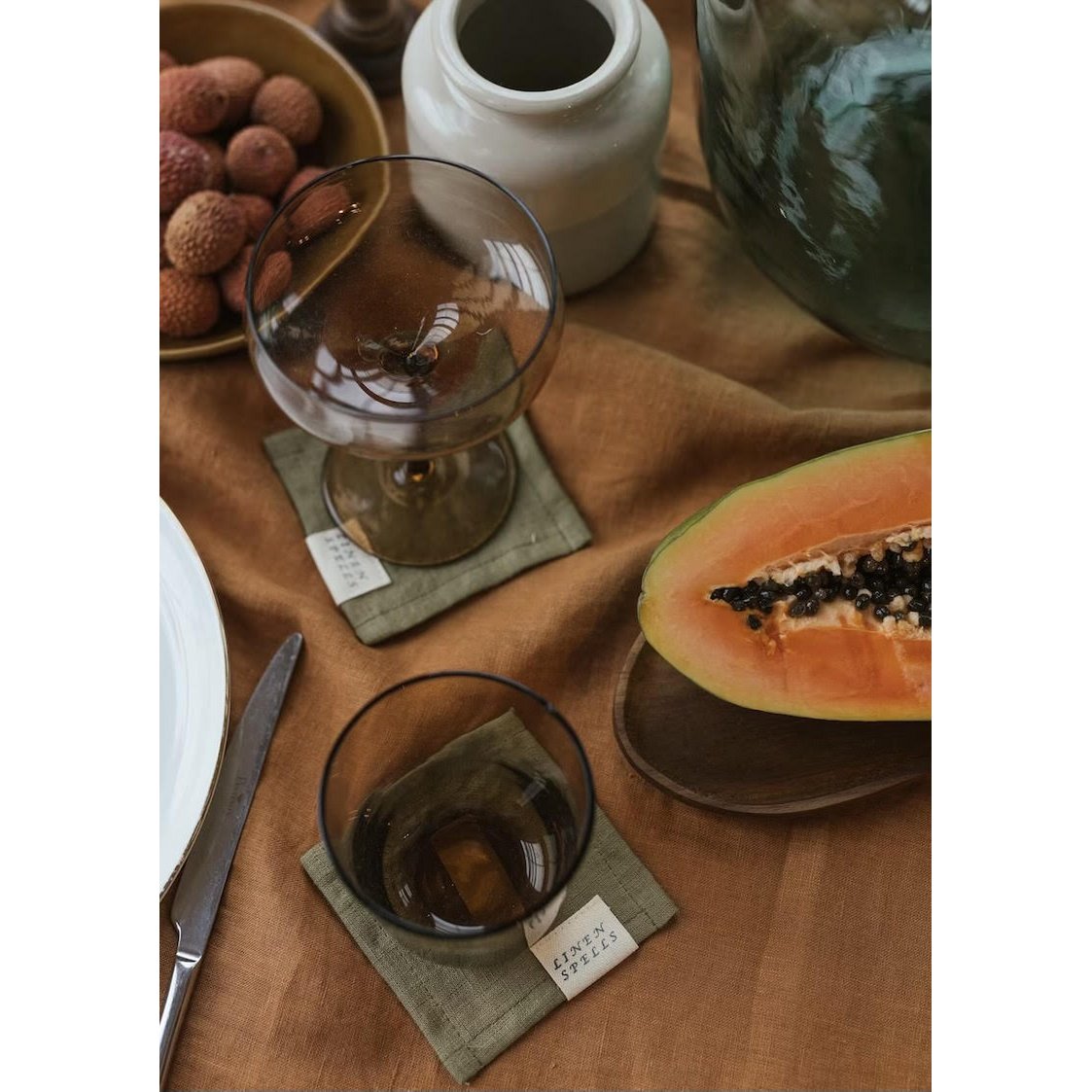 Ensemble de 4 dessous de verre en lin vert olive