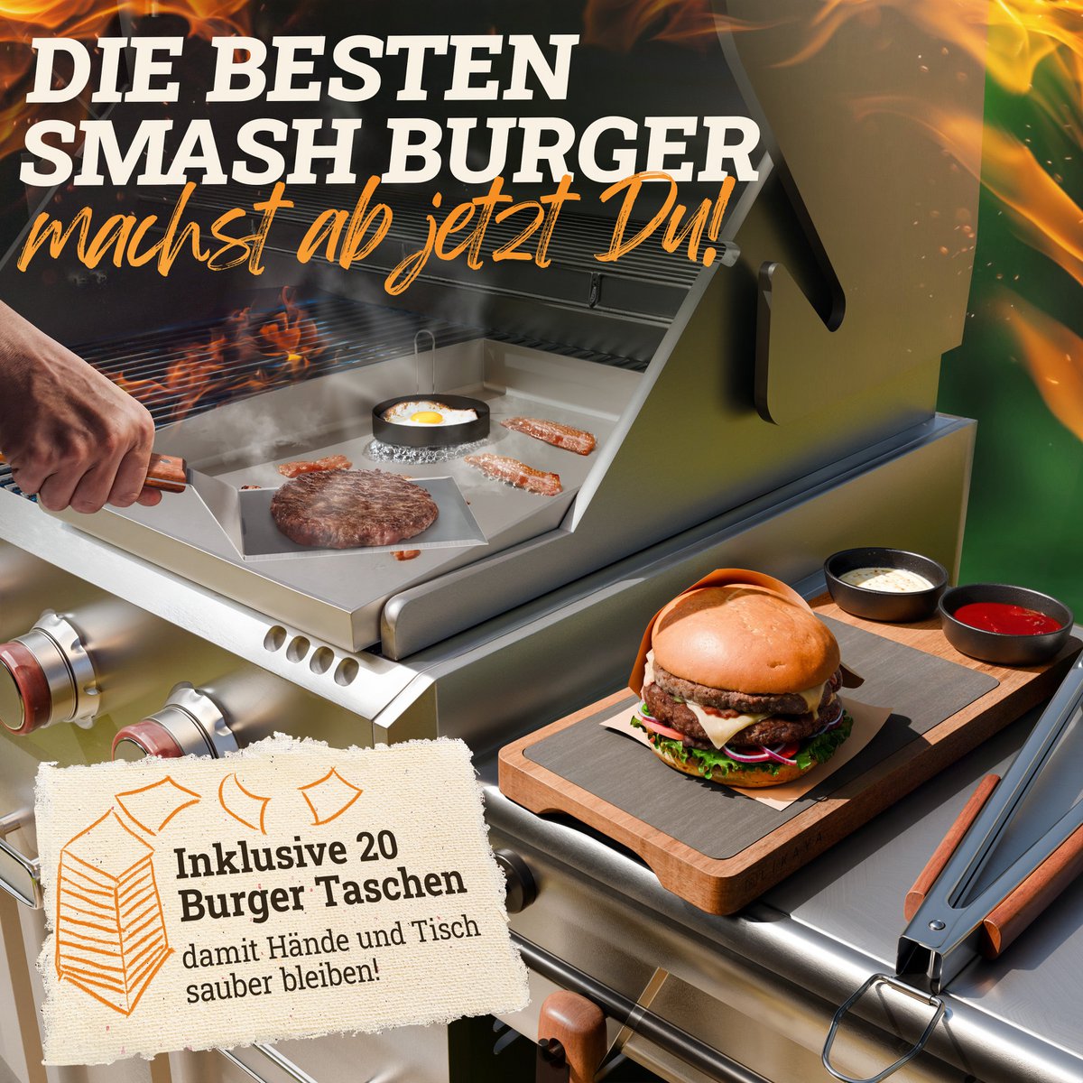 Burger Bells Set [3-PC.] Pour les hamburgers smash en acier inoxydable et des poignées en bois d'Acacia pour plancha, plaque de grill, grill à gaz et plaque de feu