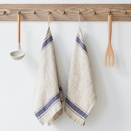 Serviette de cuisine en lin vintage à rayures bleues