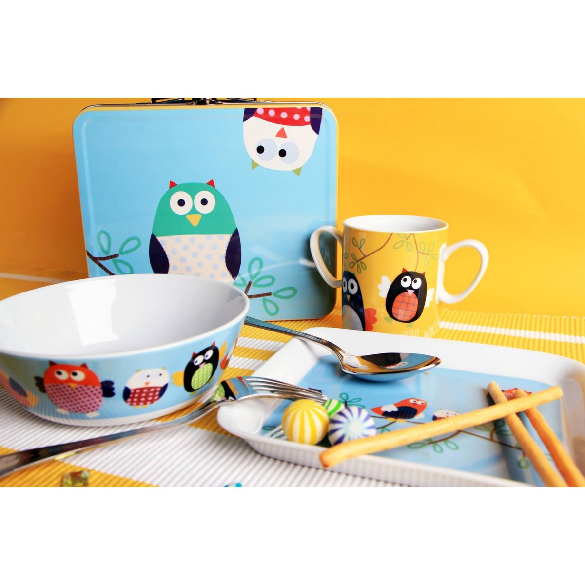 Hiboux, service de table pour enfants, vaisselle 4pcs avec valise, porcelaine