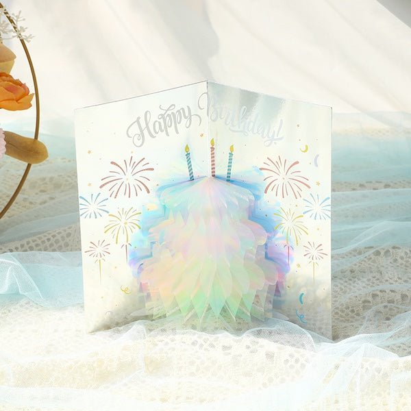 Biglietto pop-up 3D con fiori scintillanti e torta di compleanno