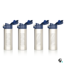 Stainless steel insulated travel mug with engraved waves and palm trees design, 350ml capacity, suitable for hot and cold beverages.