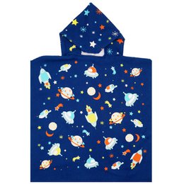  Blue microfiber kids poncho with a space-themed print featuring planets, stars, and rockets. Soft, absorbent, and perfect for after bath or beach.
