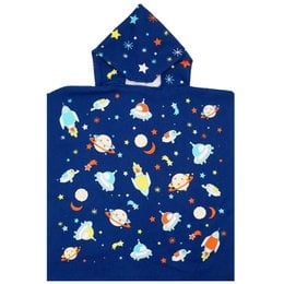 Blue microfiber kids poncho with a space-themed print featuring planets, stars, and rockets. Soft, absorbent, and perfect for after bath or beach.