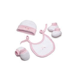 SET 4 STUKS (MUTS+HANDSCHOENEN+SLABBER+SOKKEN) VOOR NIEUWBORGEN (0-6 MAANDEN) - 100% KATOEN - MOD. ROZE