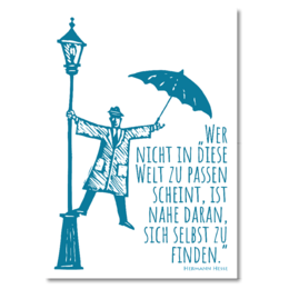 "Postcard with a silhouette of a person holding an umbrella and a German quote about finding one's way in life. The postcard is categorized as a 'Good Luck Card'."