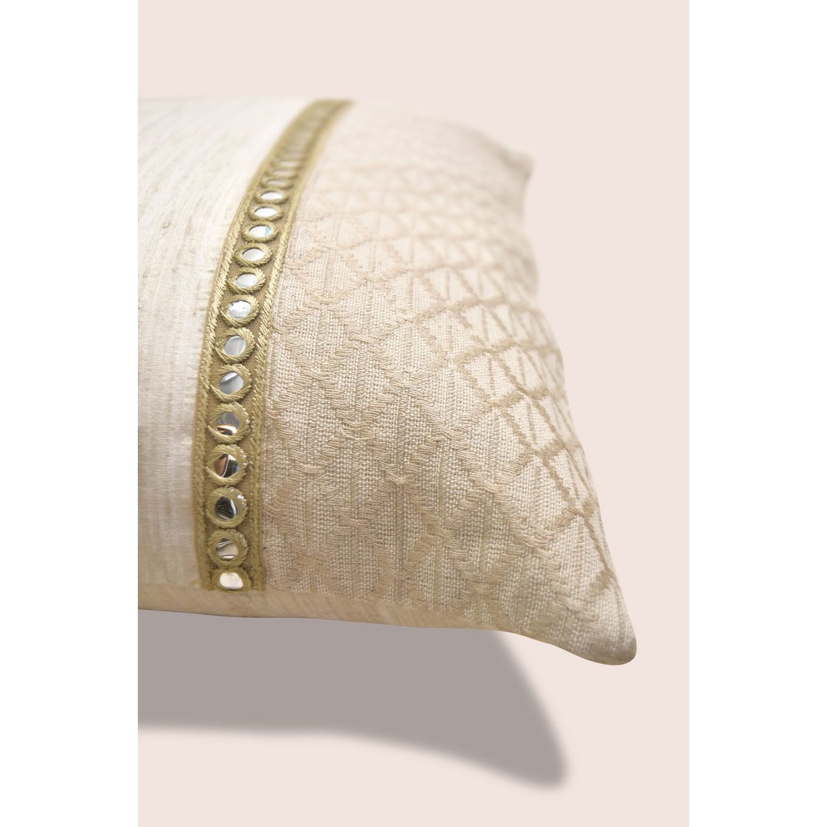 Handwoven Matka Silk Cushion Cover - Cotton Blend, Mirror Work