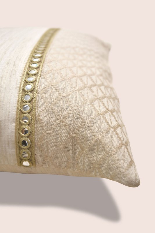 Handwoven Matka Silk Cushion Cover - Cotton Blend, Mirror Work