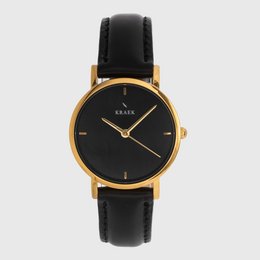 A gold and black 32mm watch with a minimalist black dial design.