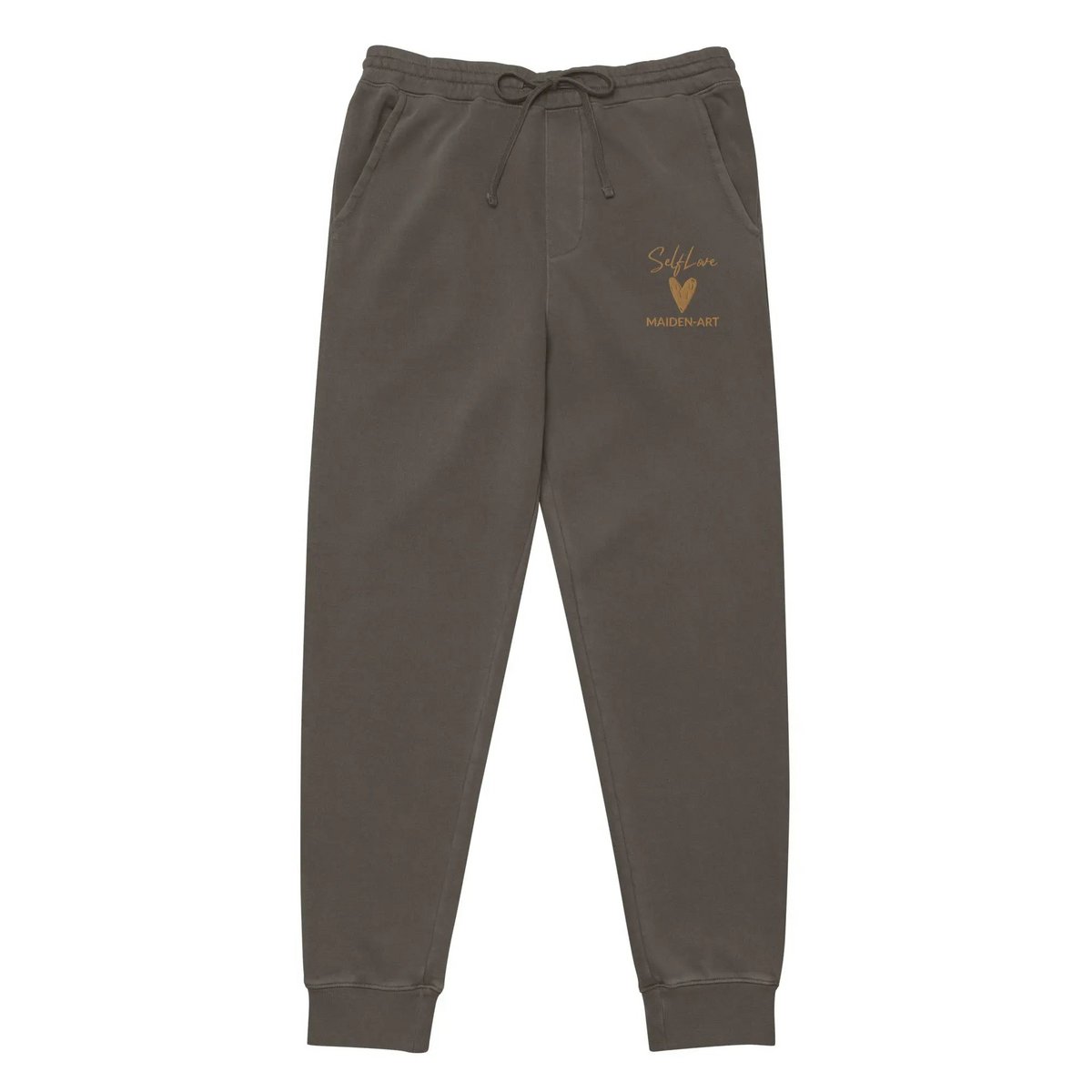Self Love Unisex barwione pigmentowo spodnie dresowe z haftem w kolorze starego złota - spodnie dresowe unisex