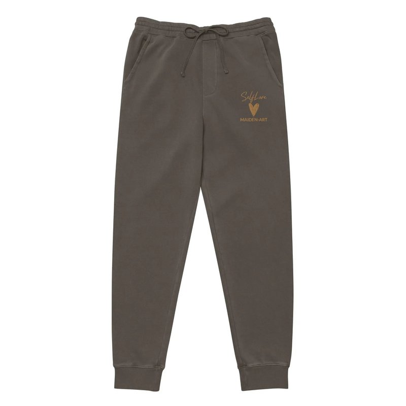 Self Love Unisex barwione pigmentowo spodnie dresowe z haftem w kolorze starego złota - spodnie dresowe unisex