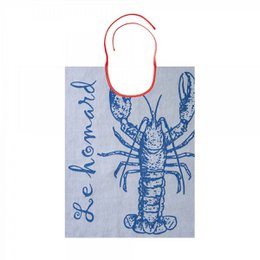  Blue bib with lobster illustration, red neck strap, coastal seafood design print