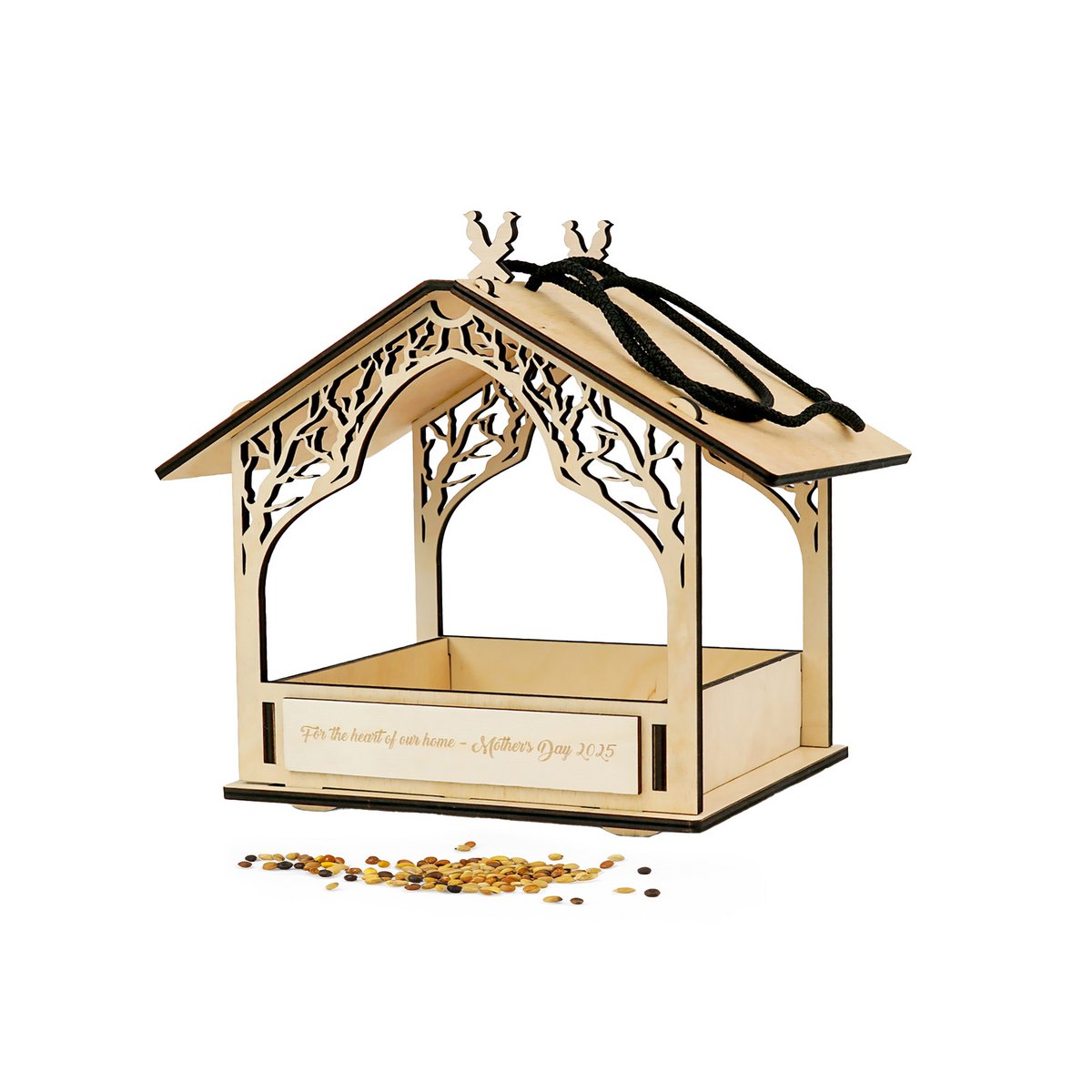 Alimentador de aves al aire libre ecológico, alimentador de madera hecho a mano con detalles láser artísticos