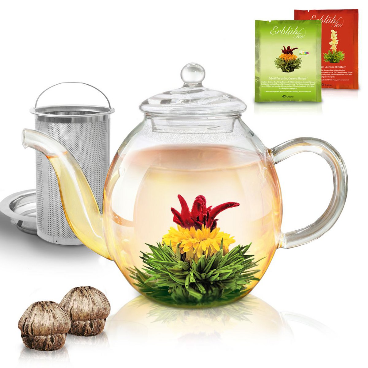 Creano Glasteekanne 1,0l inkl. 2 Teeblumen