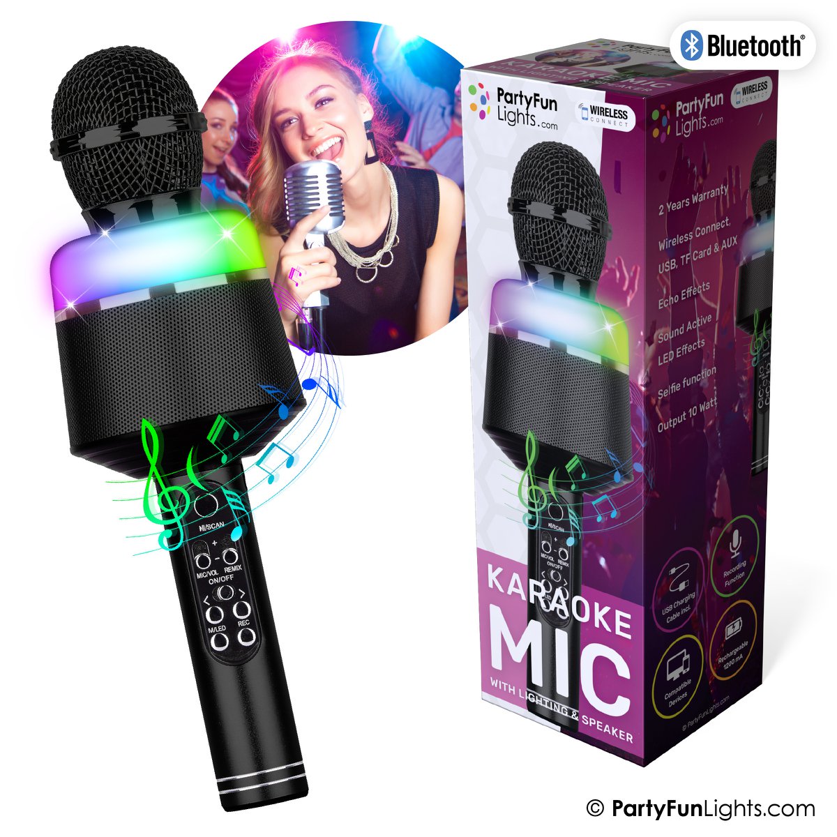Micrófono Karaoke Bluetooth - Negro - Set Karaoke - Para Niños y Adultos - Inalámbrico - Eco - Con Altavoz - Luz LED