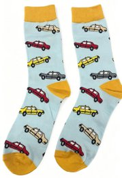 Colorful cars pattern socks, yellow gold cuffs, fun automotive design, casual crew length.
