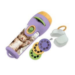 Purple torch projector with cats and dogs images, interactive sensory toy with rotating discs and light projection feature.