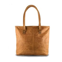 Tan leather shoulder bag with two handles and metal hardware.