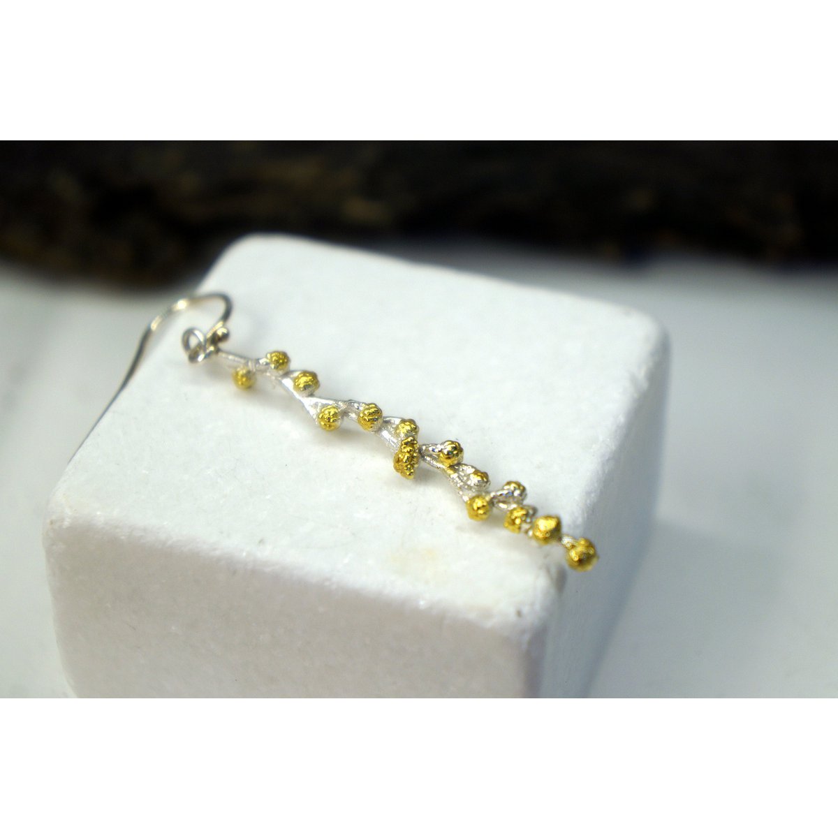 Sterling Silver Botanical Earrings - Real Twig with Gold Detail