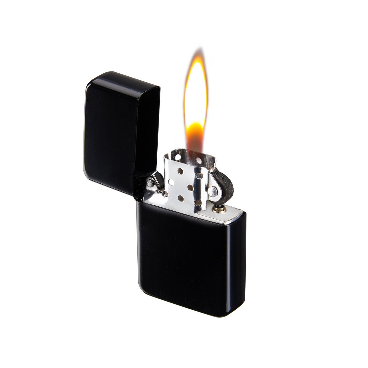 Display mit 12 windfesten, mattschwarzen Feuerzeugen mit Feuerstein