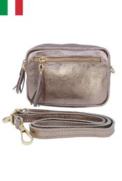  Iridescent leather shoulder bag with metallic zipper closure, made in Italy. Available in bronze, gold, silver, olive, and salmon colors.