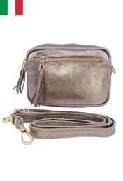 Iridescent leather shoulder bag with metallic zipper closure, made in Italy. Available in bronze, gold, silver, olive, and salmon colors.
