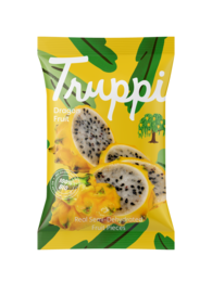 Dried dragon fruit with a vibrant yellow and green packaging design. The product appears to be a single dried fruit item.