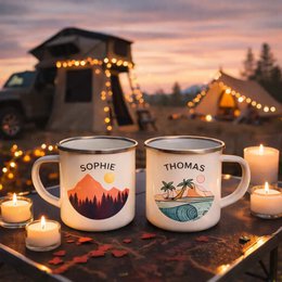 Personalized enamel camping mug with names, sunset mountain design, 360ml capacity, Valentine's gift