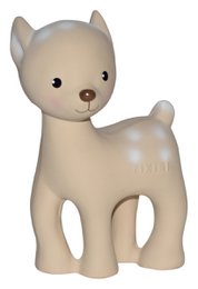 Soft, plush deer-shaped baby bath toy in light tan color with black eyes and nose.