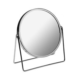  A round, chrome-plated makeup mirror on a metal stand. The mirror has a 5x magnification and is suitable for use on a vanity or tabletop.