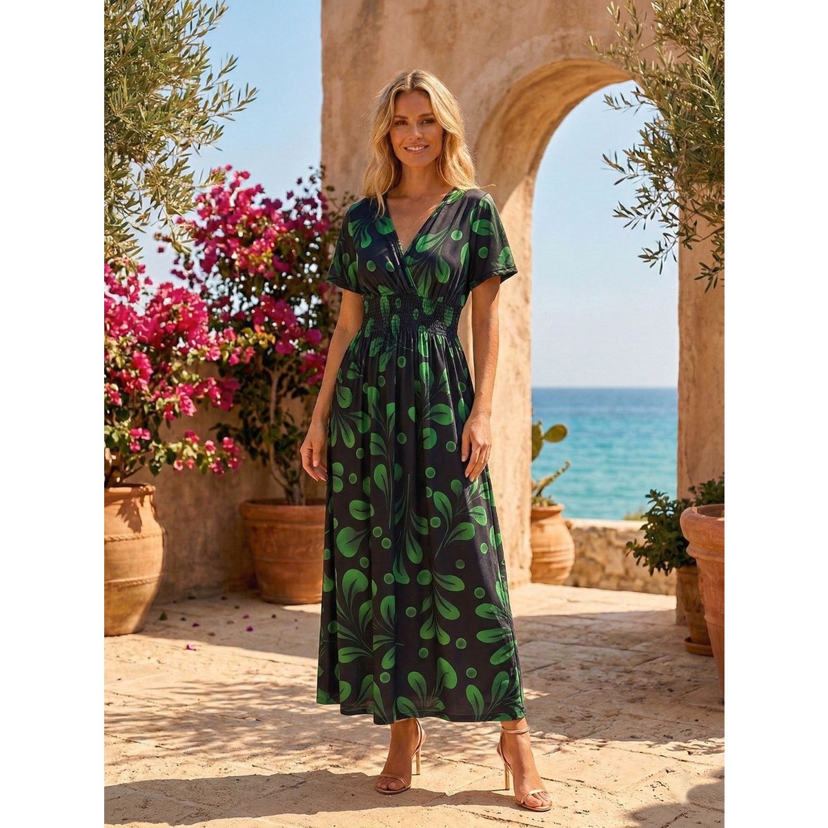 Sukienka maxi „Summer Flamboyant” – impresjonistyczny kwiatowy nadruk i marszczona talia – 610-10