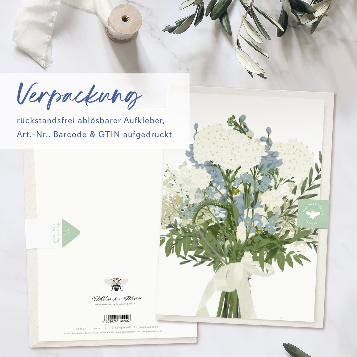 Klappkarte blauer Blumenstrauß, inkl. Umschlag