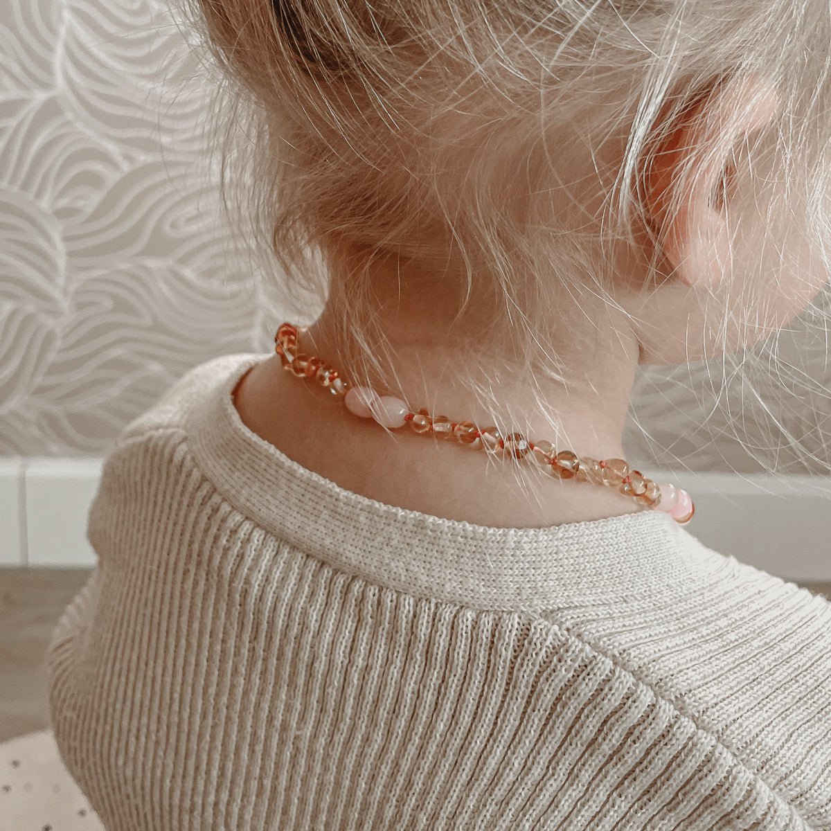 Collana in ambra bambino - quarzo limone e rosa - 32 cm