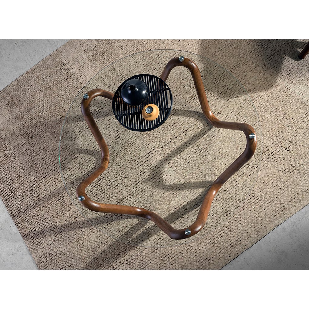 Round tempered glass and walnut coffee table 2124