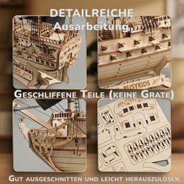Galeone aus Holz mit LED-Beleuchtung – 3D-Holzpuzzle 583 Teile, Schiffsmodell mit Segeln und Takelage, Modellbausatz ab 12