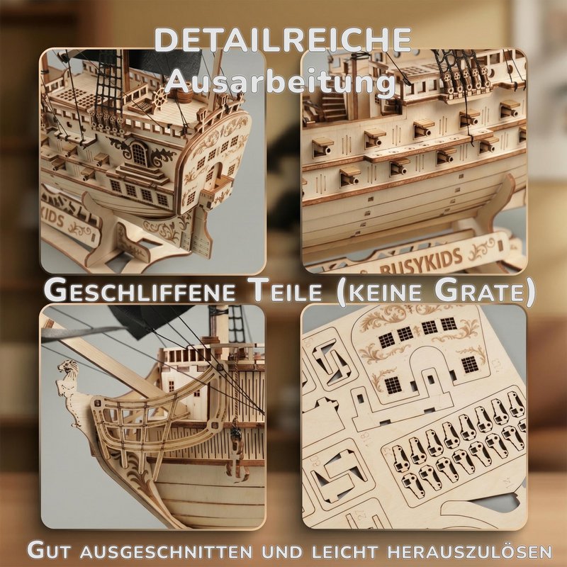 Galeone aus Holz mit LED-Beleuchtung – 3D-Holzpuzzle 583 Teile, Schiffsmodell mit Segeln und Takelage, Modellbausatz ab 12