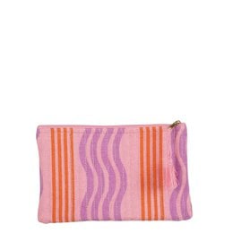 A pink and orange striped toiletry bag with a zipper closure.