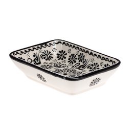 Black and white hand-painted soap dish with floral and paisley patterns.